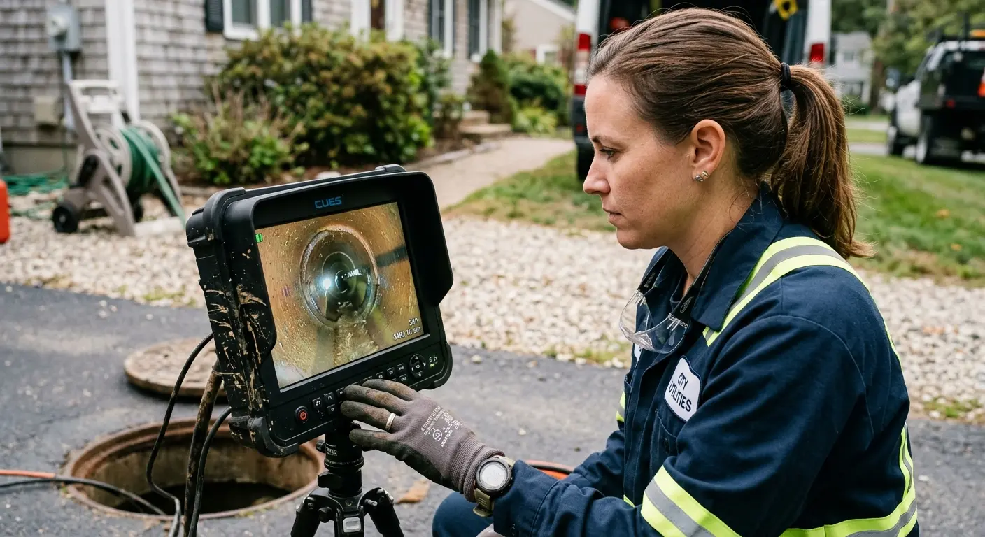 Technician reviewing sewer camera inspection footage in Madison Heights