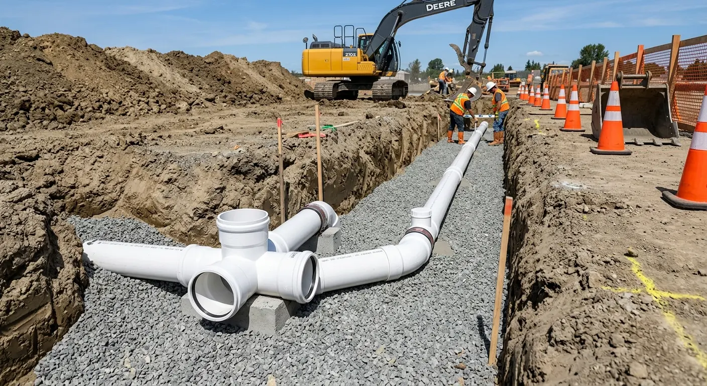 New PVC sewer pipe installation in open trench for Commercial Drain Cleaning in Madison Heights