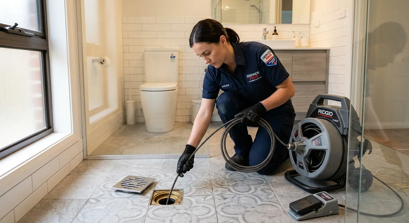Technician clearing a bathroom floor drain for Drain Repair in Madison Heights